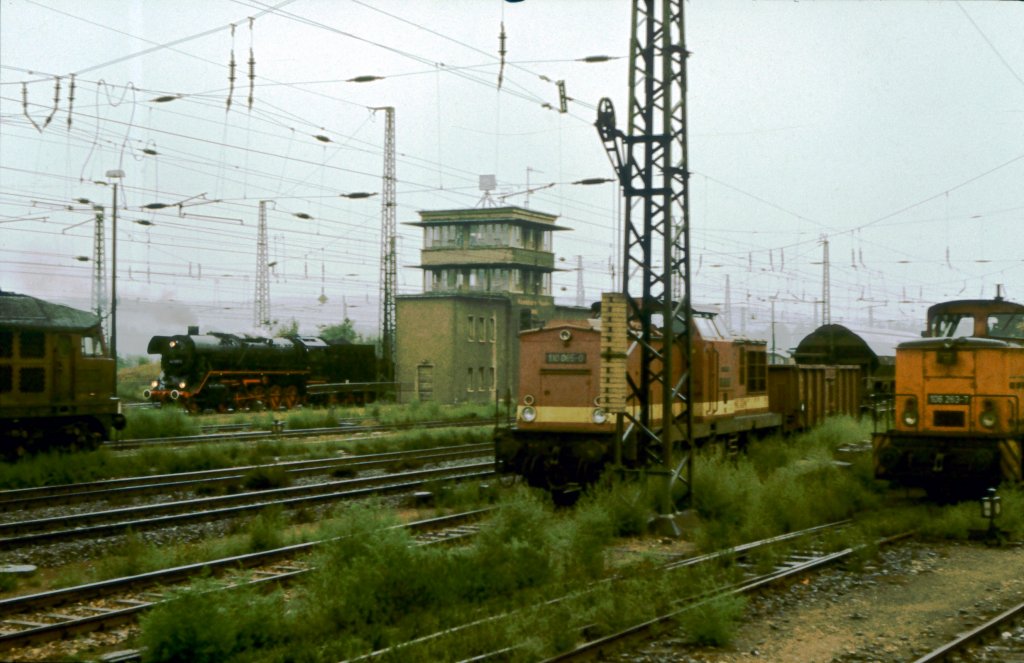 Am 01.10.1989 konnte Klaus Pollmcher in Naumburg Hbf 4 verschiedene Loks auf einem Bild festhalten. Eine unbekannte V300, die 44 1093-2 mit dem Geburtstagssonderzug nach Artern und die 110 065-0 neben der 106 263-7.