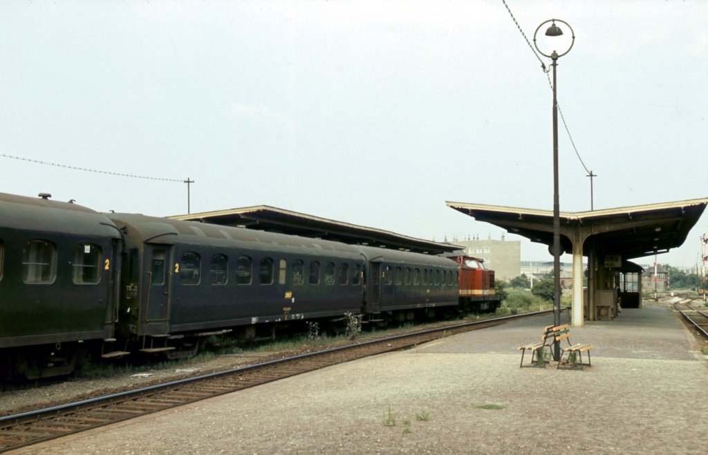Am 10.08.1980 stand die DR 110 049-4 mit SNCF-Wagen abgestellt im Bf Laucha. Die Wagen kamen mit franzsischen Kindern nach Naumburg. Dort besuchten die Kinder ein Ferienlager. Die Wagen wurden solange in Laucha abgestellt. (Foto: Klaus Pollmcher)