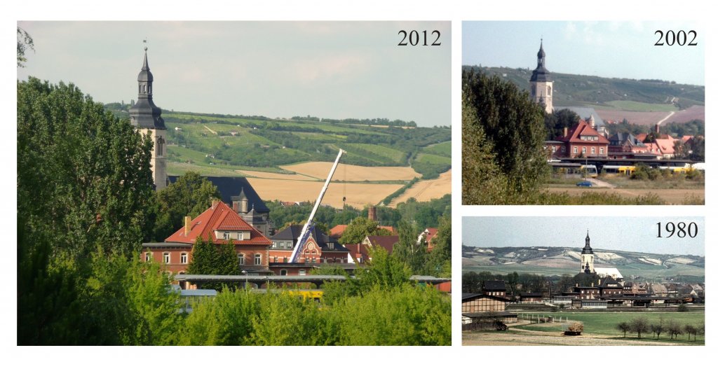 Blick aus 3 unterschiedlichen Jahren auf den Bahnhof Laucha. Die Natur erobert die Flchen immer mehr zurck. (Foto: Klaus Pollmcher)