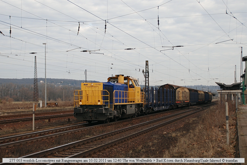 BLP Wiebe Logistik GmbH 277 003 (92 80 1277 003-0 D-ATLD) durchfhrt Naumburg Hbf mit Rungenwagen Richtung Groheringen; 10.02.2011 (Foto: Marco Zergiebel)