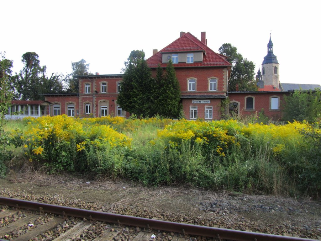 Das Bahnhofsgebude mit den meterhoch zugewachsenen Gleisen 1 - 5 in Laucha; 22.08.2011 (Foto: Dieter Thomas)