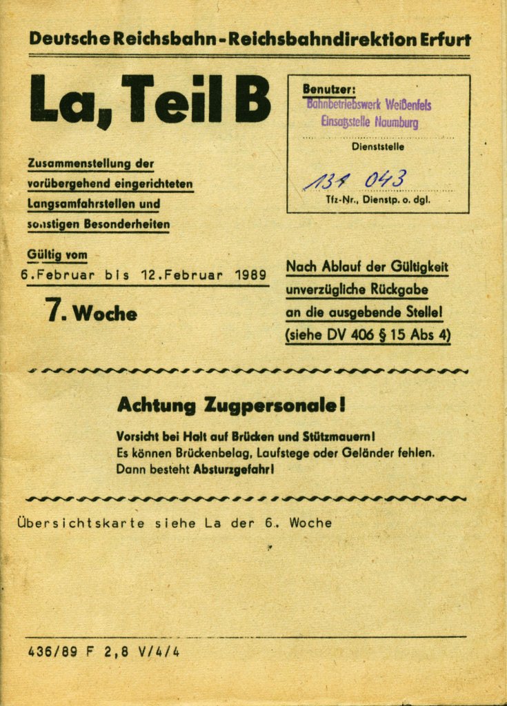 Deckblatt fr die bersicht der Langsamfahrstellen, gltig vom 06.02. bis 12.02.1989, fr die Est Naumburg. (Sammlung: Hans Grau)