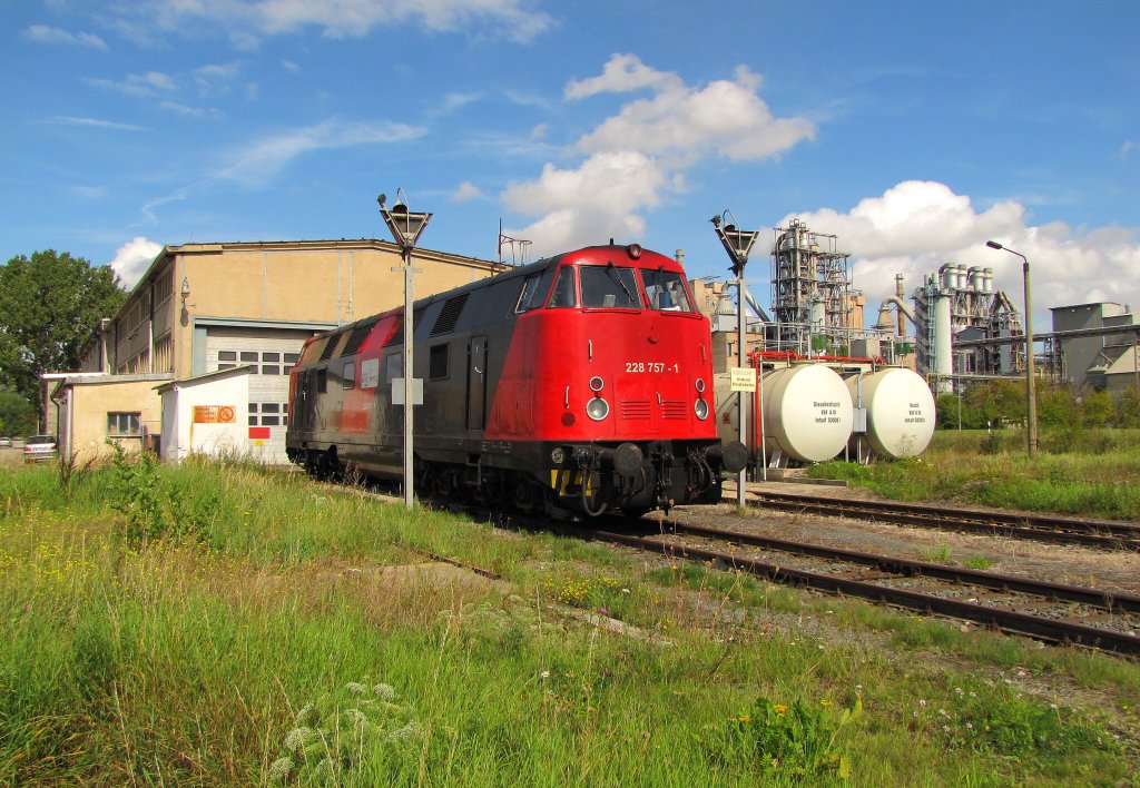 Die 228 757-1 der EBS bei der Wochenendruhe am Zementwerk Karsdorf; 11.09.2011 (Foto: SW)