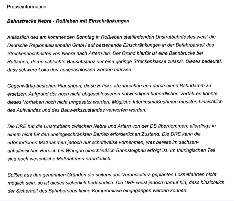 Die Pressemitteilung der DRE (Deutsche Regionaleisenbahn) zu den nicht stattgefundenen Fhrerstandsmitfahrten auf der EBS V180 zum 6. Unstrutbahnfest in Roleben am 28.08.2011.