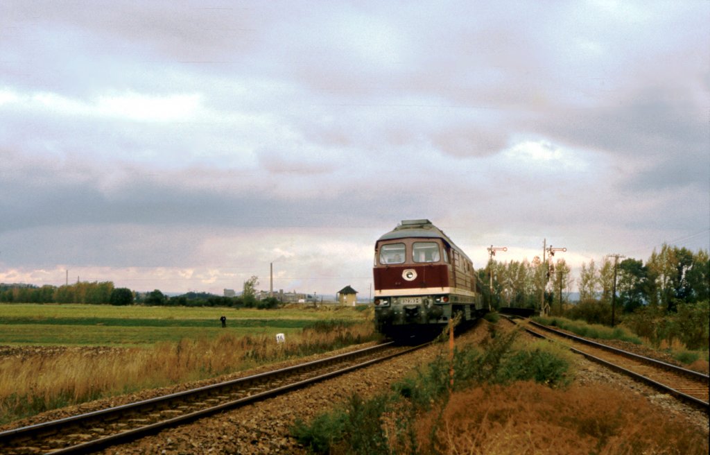 DR 132 393-0 mit einem Personenzug nach Erfurt Hbf, am Gleisdreieck in Reinsdorf b Artern. Rechts sieht man das Unstrutbahngleis; 01.10.1989 (Foto: Klaus Pollmcher)