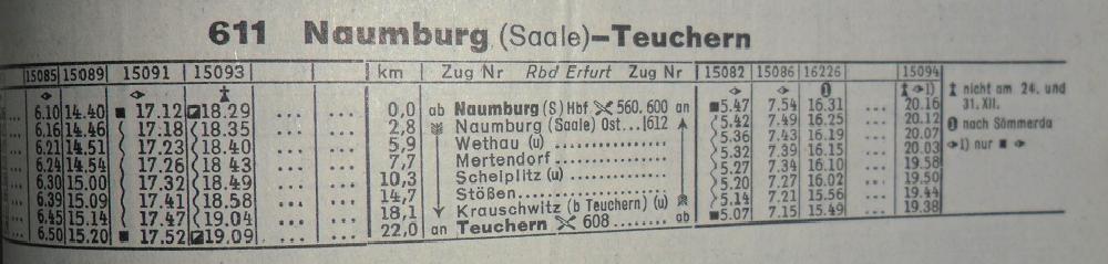 Ein Scan vom Kursbuch der DR Winter 1990/91 gltig vom 30.09.1990 bis 01.06.1991. fr die KBS 611 Naumburg (Saale) - Teuchern.