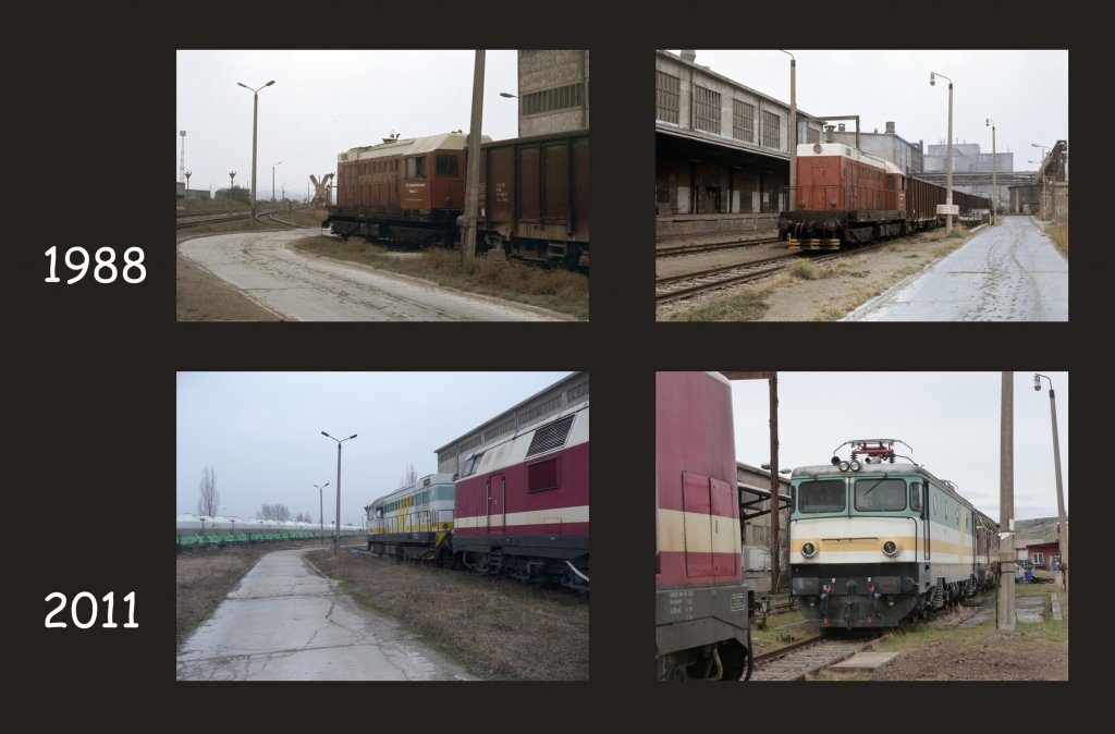 Ein Vergleichsbild von der Anschlussbahn vom Zementwerk Karsdorf aus den Jahren 1988 und 2011. Es zeigt im 1988 die ZWK WL 012 und im Jahr 2011 die ARCO 4070.03-3 und die KEG 7001 an fast identischer Stelle. (Foto: Klaus Pollmcher)
