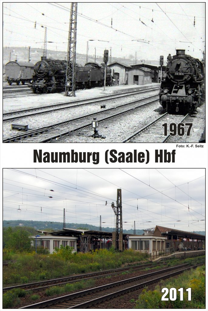Vergleichsbild von den den heutigen modernisierten Bahnsteig 2 und 3 und den unmodernisierten Bahnsteig 4 und 5 der Burgenlandbahn und der Verstrkerzge nach und aus Halle in Naumburg Hbf. Danke an Karl-Friedrich Seitz fr das Bild aus dem Jahr 1967. 