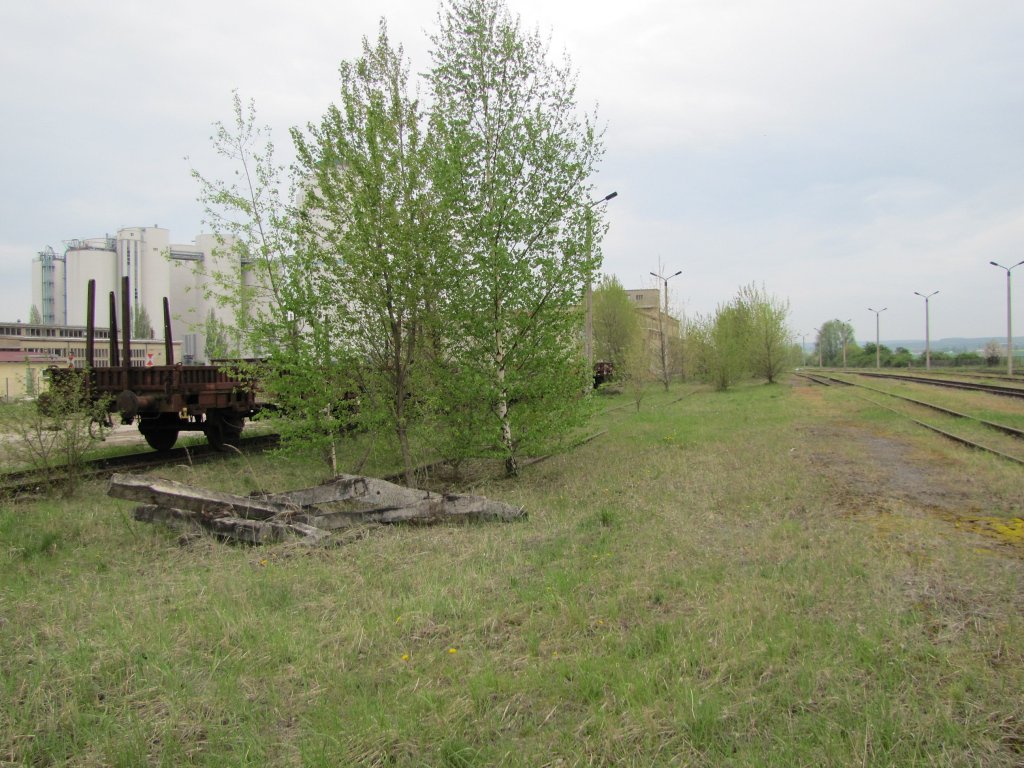 Zwei abgestellte Flachwagen zeugen noch von dem frher stark vorhandenen Gterverkehr am Zementwerk Karsdorf; 01.05.2010