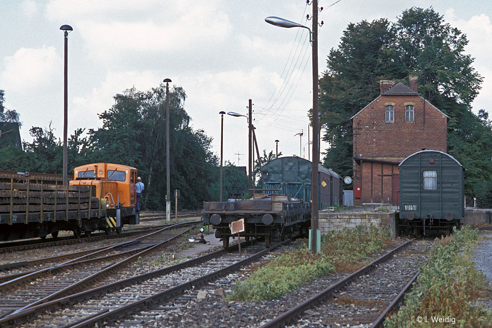DR 101 520-5 rangiert im Sommer 1990 Bauzugwagen in Sten. (Foto: Ingmar Weidig)
