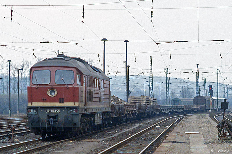 DR 131 043-2 mit einem Gterzug Richtung Bad Ksen, am 22.03.1991 in Naumburg Hbf. (Foto: Ingmar Weidig)