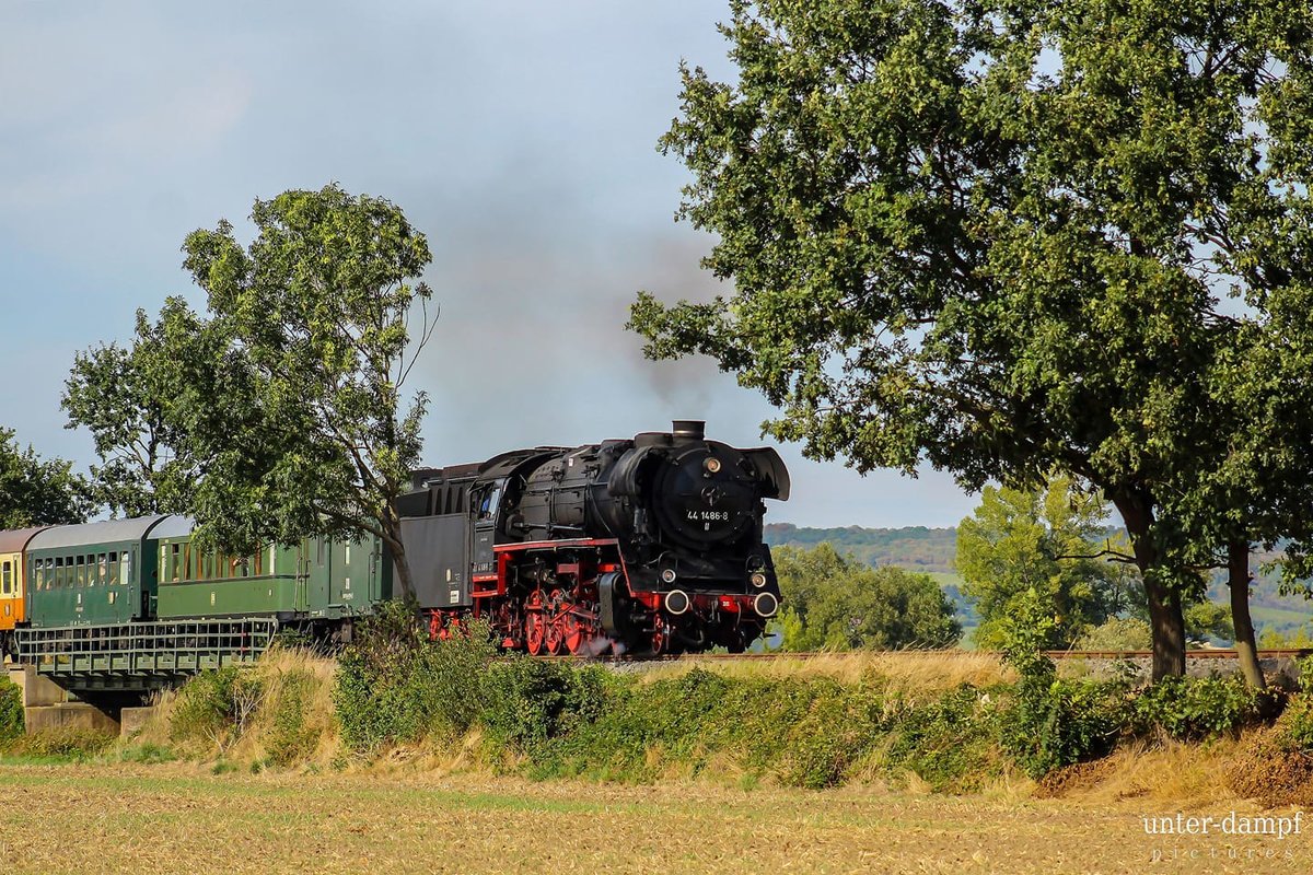 EFSFT 44 1486-8 mit dem DPE 24588 von Freyburg nach Biederitz, am 08.09.2019 bei Roßbach. (Foto: Unter-dampf Pictures)