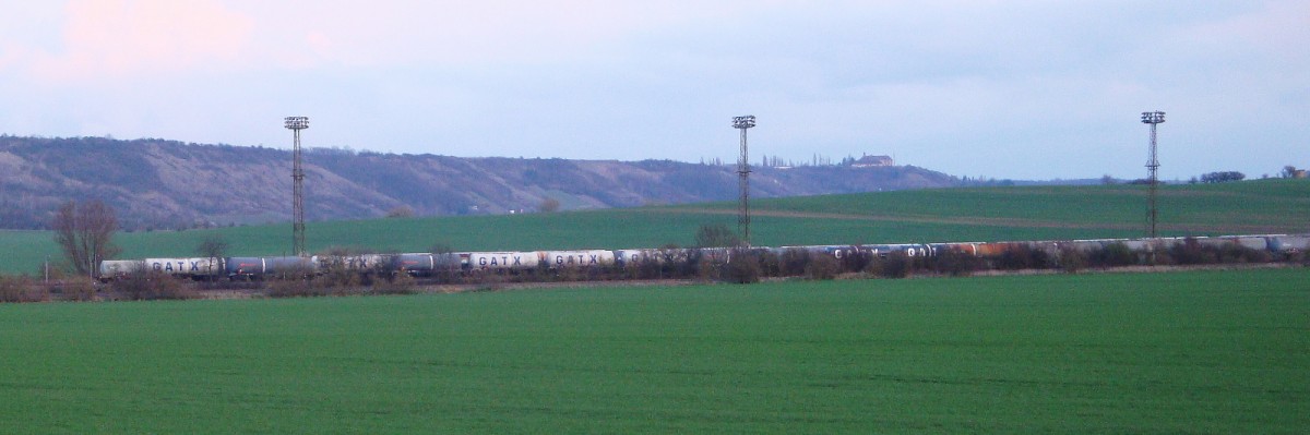 Ein Vielzahl von abgestellten Kesselwagen, am 25.03.2014 in der Abstellgruppe  100er Gleise  der EBS am Zementwerk Karsdorf. (Foto: Gnther Gbel)