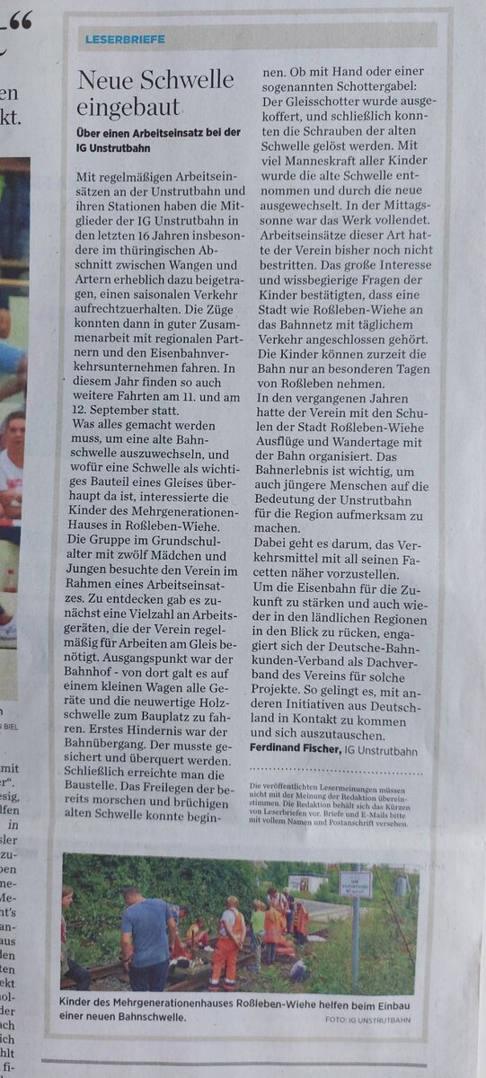 Leserbrief der IG Unstrutbahn e.V. in der Mitteldeutsche Zeitung Nebra vom Septmeber 2021.