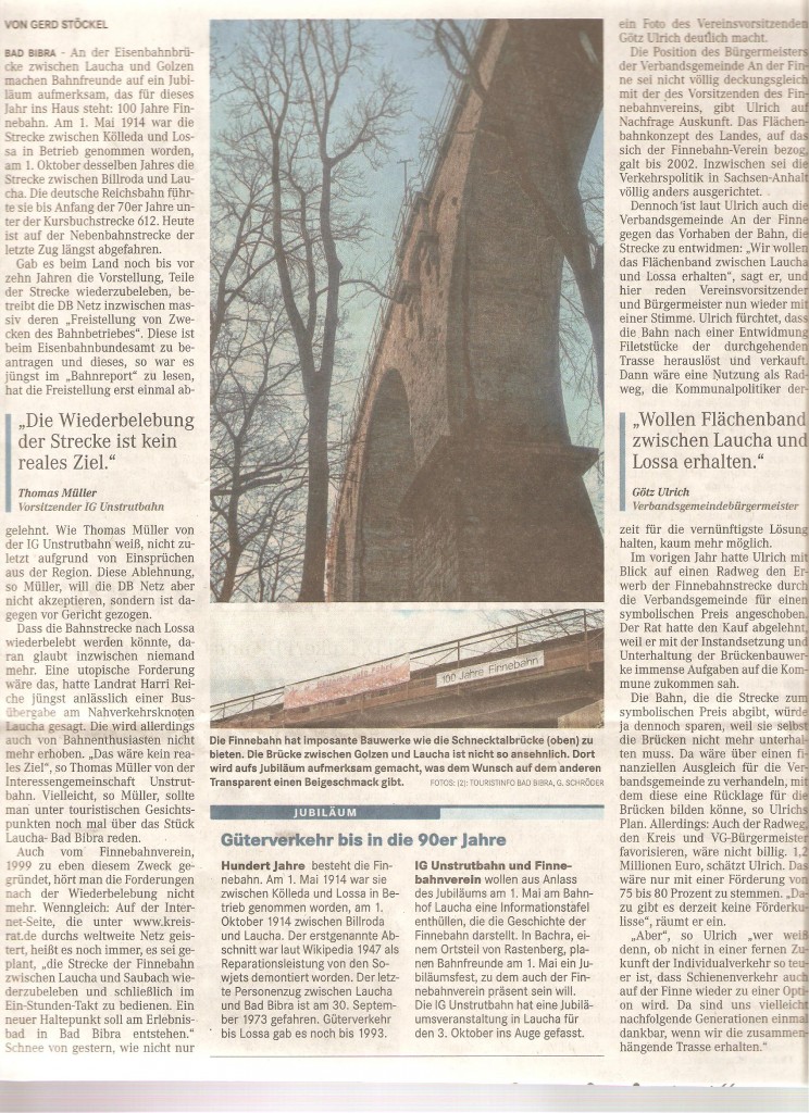  Mit 100 auer Dienst?  Artikel zum 100. Geburtstag der Finnebahn, erschienen am 24.01.2014 in der Mitteldeutschen Zeitung.