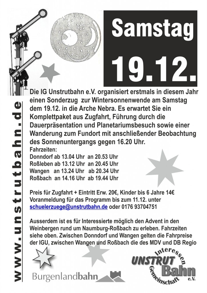 Plakat zur Sonderfahrt anlsslich der Wintersonnenwende in Wangen am 19.12.2015.