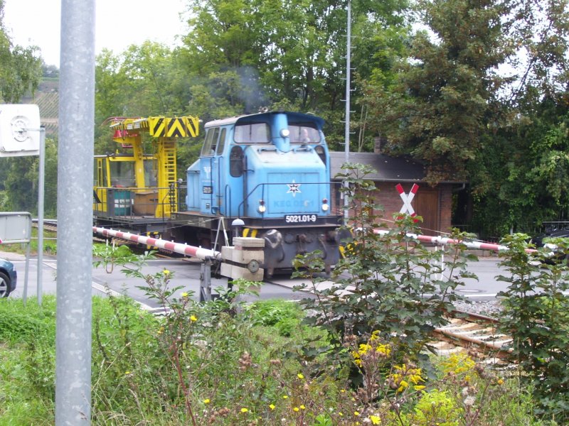 ARCO 5021.01-9 mit einem MZA Richtung Naumburg am Bahnbergang in Freyburg; 08.09.2007
