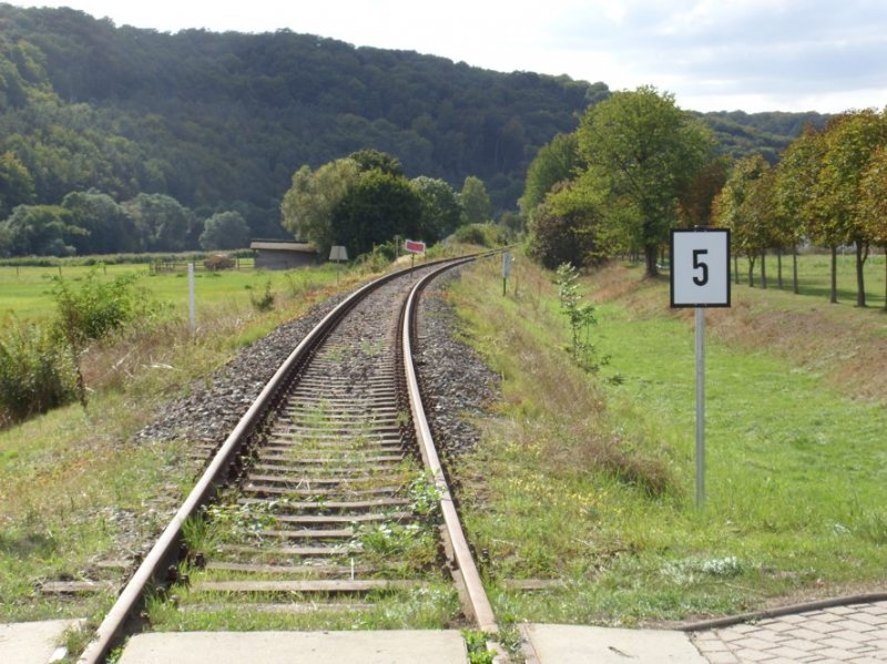 Eine neu aufgestellte Stundenkilometertafel kurz hinter dem Hp Wangen deutet auf eine baldige Weiterfhrung des Zugverkehrs nach Roleben hin; 11.09.2009 (Foto: Klaus Pollmcher)