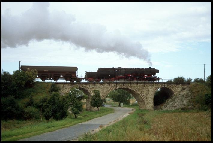 Ostertalbahn 52 8039-1 (ex DR 52 2720) mit einem Fotogterzug von Sangerhausen ber Vitzenburg nach Sondershausen, auf dem Viadukt bei Grockstdt; 25.08.1996 (Foto: Steffen Tautz)