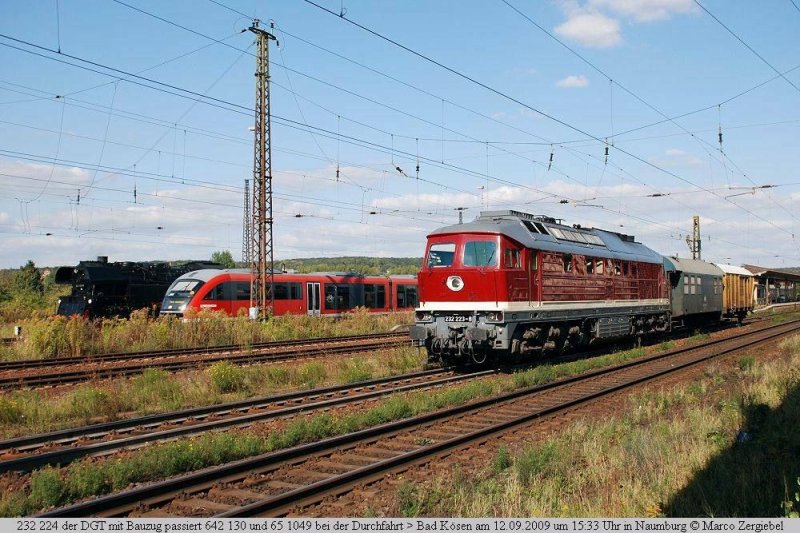 Reichsbahnflair im Naumburger Hbf: DR 65 1049, DB 642 130-9 und DGT 232 223-8 mit einem Bauzug Richtung Bad Ksen; 12.09.2009 (Foto: Marco Zergiebel)