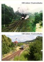 06-laucha-unstrut/33490/120-jahre-unstrutbahn---heute-feiert 120 Jahre Unstrutbahn - Heute feiert 'unsere' Eisenbahn Geburtstag. Das obere Bild zeigt einen Sonderzug zum 100. Geburtstag am 01.10.1989. Das untere Bild zeigt den Zugverkehr der heutigen Zeit, einen VT 672 der Burgenlandbahn). Beide Bilder wurden vom Stellwerk Lw in Laucha aufgenommen. (Fotomontage: Klaus Pollmcher)