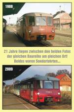 Vergleichsbild vom Bahnsteig 1 in Laucha mit zwei Ferkeltaxen die 1988 und 2009 als Sonderzge auf der Unstrutbahn untertwegs waren.