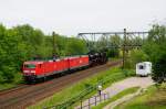 DB 143 002-4 + MEG 604 + 03 1010 auf der Fahrt von Halle (S) zum Bw Fest nach Weimar, am 18.05.2012 in Naumburg Hbf. Der Zug wurde in Naumburg Hbf mit weiteren Loks vereinigt. (Foto: Torsten Barth)