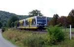 Burgenlandbahn 672 904 + 672 xxx als RB 34971 von Roleben nach Nebra, am 08.09.2012 am Hp Wangen.