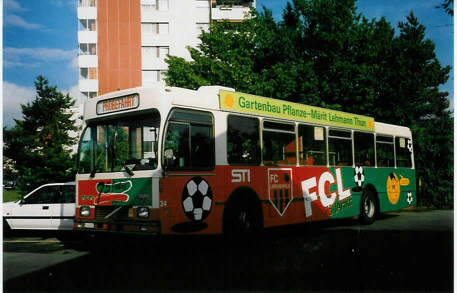 (023'007) - STI Thun - Nr. 34/BE 443'834 - Volvo/R&J (ex SAT Thun Nr. 34) am 27. Mai 1998 in Thun, Garage