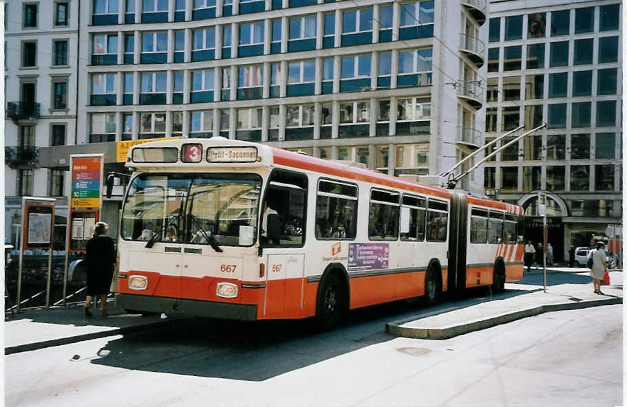 (062'515) - TPG Genve - Nr. 667 - Saurer/Hess Gelenktrolleybus am 4. August 2003 in Genve, Bel-Air