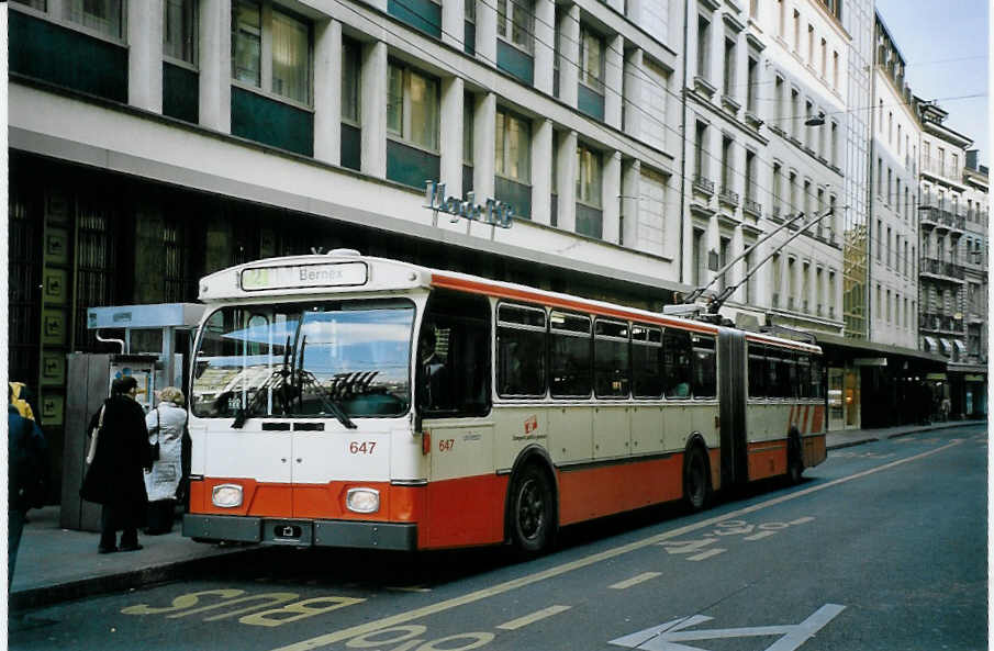 (074'933) - TPG Genve - Nr. 647 - FBW/Hess Gelenktrolleybus am 24. Februar 2005 in Genve, Bel-Air