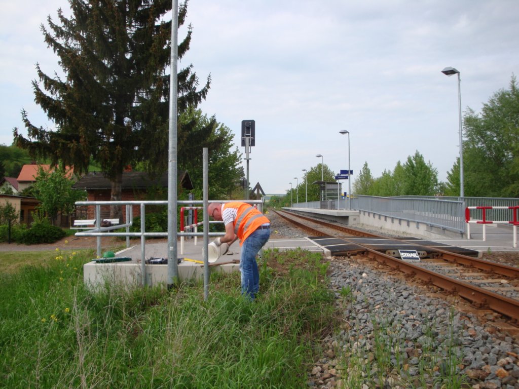 Arbeitseinsatz der IG Unstrutbahn e.V. am 14.05.2013 am Hp Roßbach, um Hinweisschilder für Touristen und Besucher der  Saale-Weinmeile  aufzustellen. (Foto: Günther Göbel)