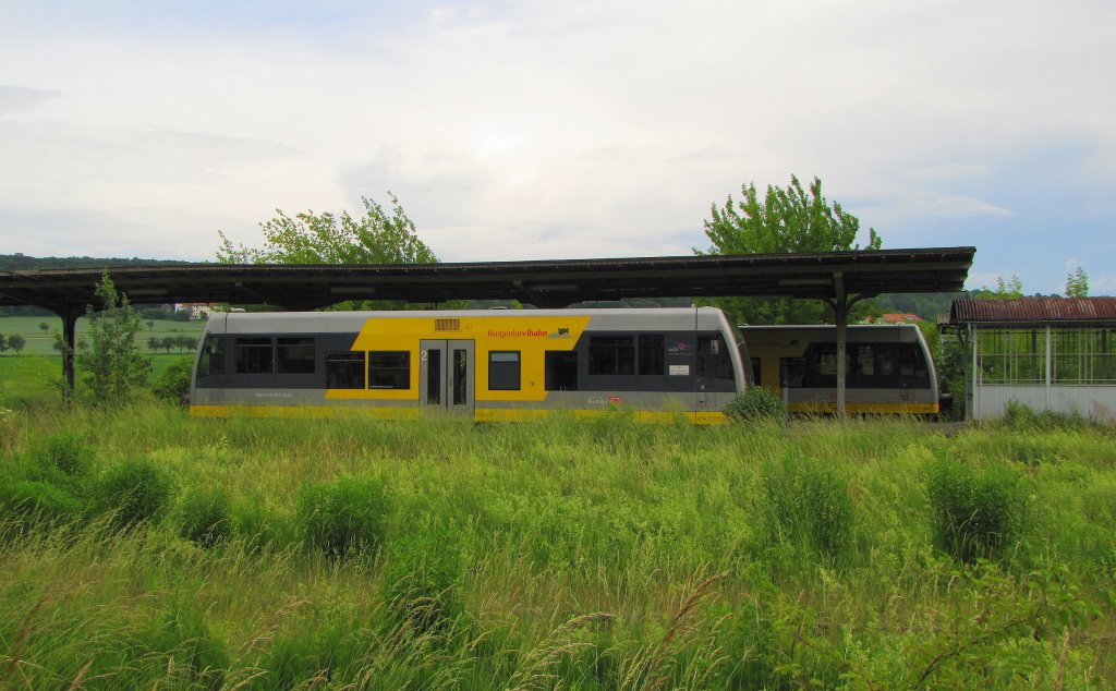 Burgenlandbahn 672 903  Rotkäppchen  (95 80 0 672 903-2 D-DB) als RB 34884 von Naumburg (S) Ost nach Wangen (U), im fast zugewachsenen Bahnhof Laucha (U). In dem Bereich soll in diesem Jahr mit den Arbeiten für eine Buswendeschleife begonnen werden. Dazu wird auch die einzigste Bahnhofsunterführung an der Unstrutbahn zugschüttet werden; 06.06.2011