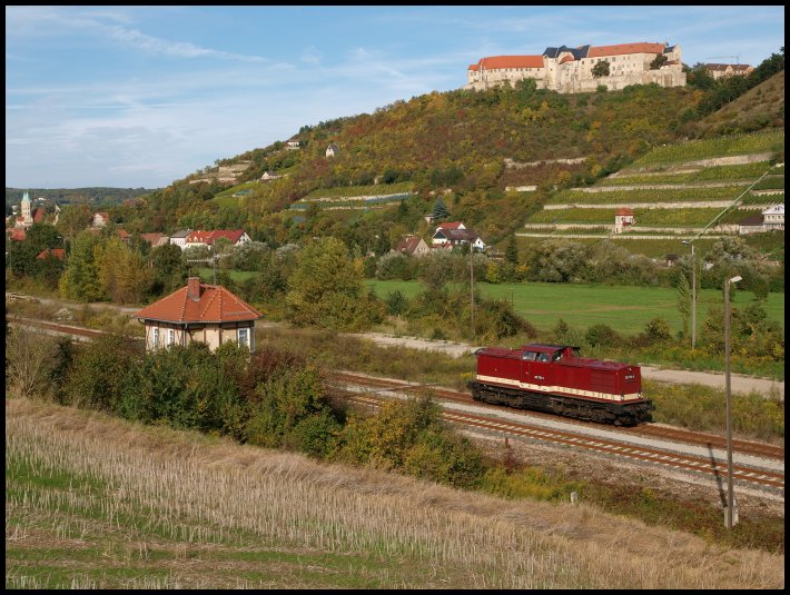 Die 202 703-5 der Leipziger Eisenbahngesellschaft setzte nach der Ankunft des  Rotkäppchen-Express  aus Altenburg im Bf Freyburg um und fuhr den Leerzug zur Abstellung nach Naumburg Hbf; 03.10.2010 (Foto: Steffen Tautz)