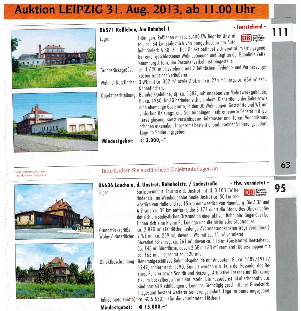 Die zu ersteigernden Bahnhofsgebude von Laucha und Roleben im SGA AG Katalog.