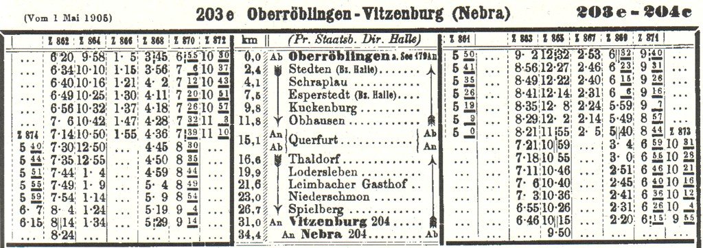 Fahrplanauszug Öberröblingen - Vitzenburg - Nebra vom 01.05.1905. (Archiv: Alberto Brosowsky)