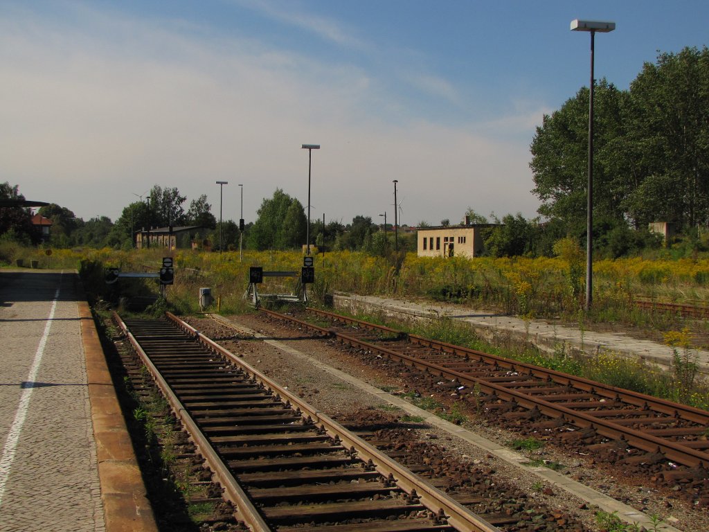 Gleis 1 und 2 im heutigen Endbahnhof Querfurt. Früher konnte man hier über Lodersleben nach Vitzenburg weiterfahren und hatte dort Anschluss an die Züge der Unstrutbahn; 07.09.2010