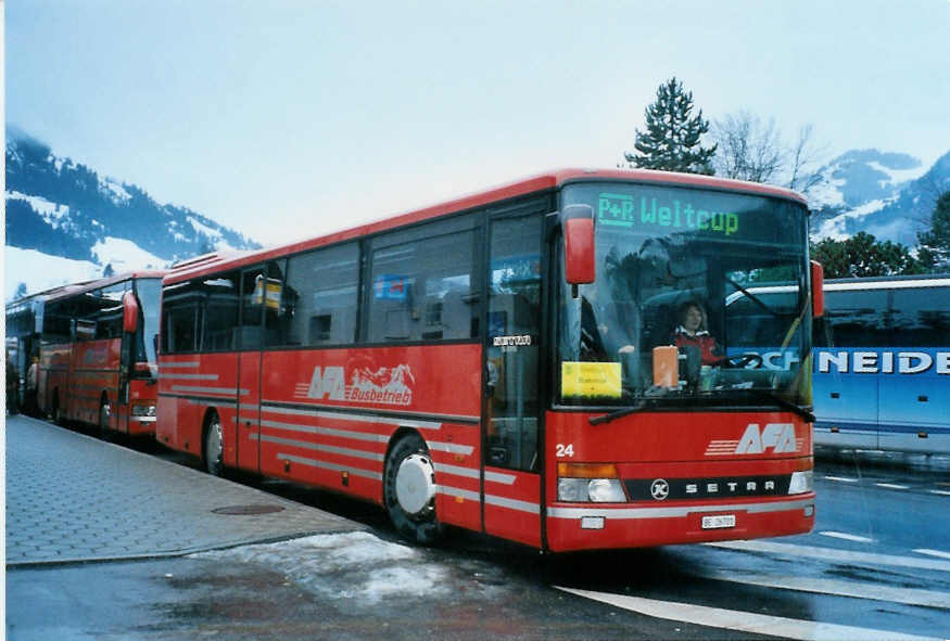 (103'001) - AFA Adelboden - Nr. 24/BE 26'701 - Setra (ex Nr. 11) am 6. Januar 2008 beim Bahnhof Frutigen