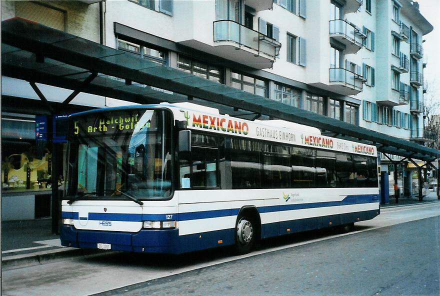 (105'701) - ZVB Zug - Nr. 127/ZG 3387 - Scania/Hess (ex Nr. 157) am 23. Mrz 2008 beim Bahnhof Zug