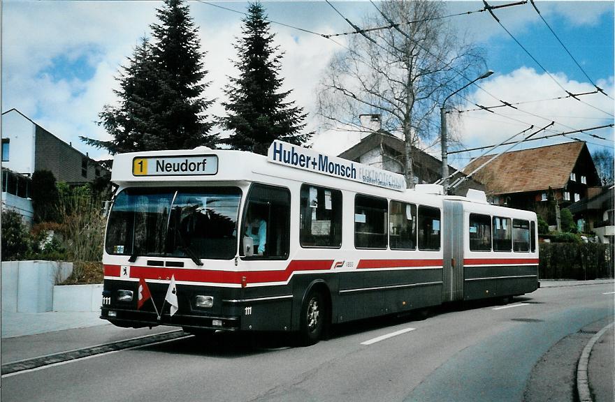 (105'927) - VBSG St. Gallen - Nr. 111 - Saurer/Hess Gelenktrolleybus am 29. Mrz 2008 in St. Gallen, Aetschberg