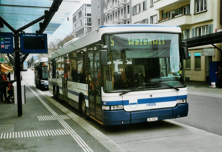 (106'126) - ZVB Zug - Nr. 147/ZG 3397 - Scania/Hess am 31. Mrz 2008 beim Bahnhof Zug