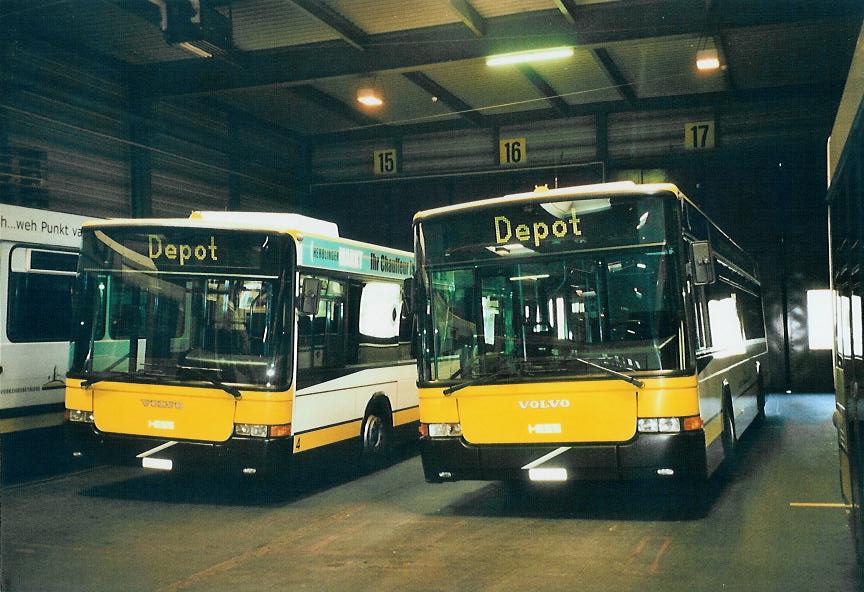 (106'728) - VBSH Schaffhausen - Nr. 4/SH 38'004 + Nr. 5/SH 38'005 - Volvo/Hess am 26. April 2008 in Schaffhausen, Busdepot