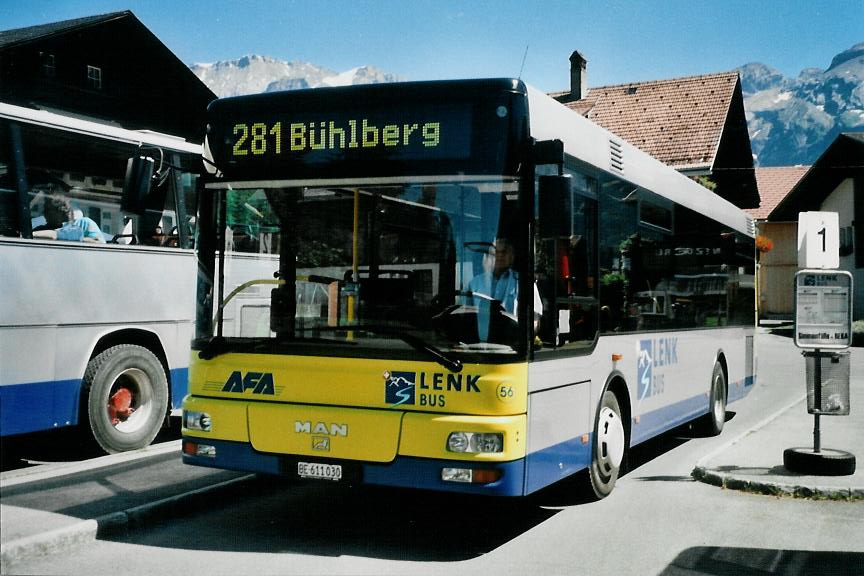 (109'026) - AFA Adelboden - Nr. 56/BE 611'030 - MAN/Gppel am 10. Juli 2008 beim Bahnhof Lenk