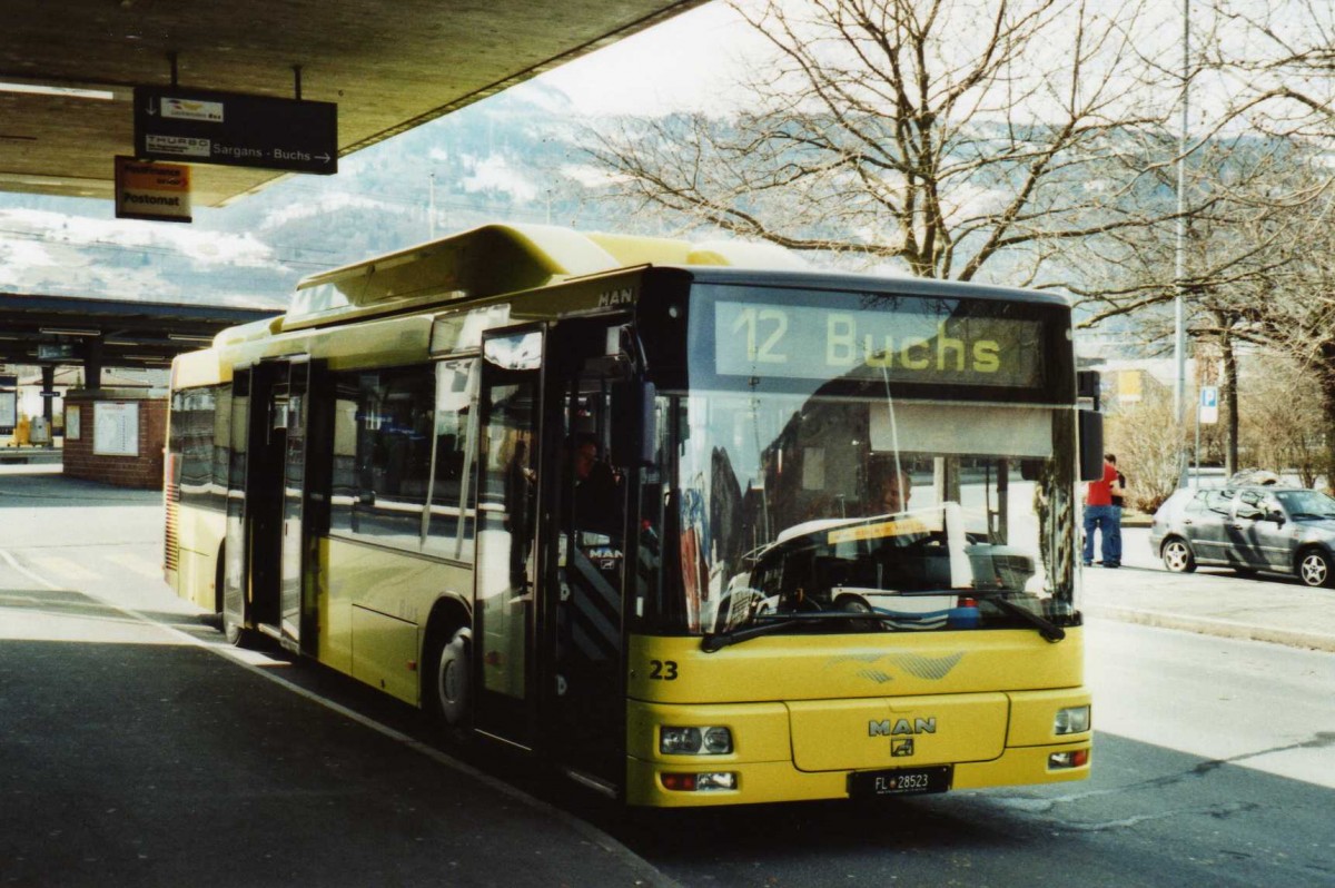 (115'125) - Aus Liechtenstein: Matt, Mauren - Nr. 23/FL 28'523 - MAN am 14. Mrz 2009 beim Bahnhof Sargans