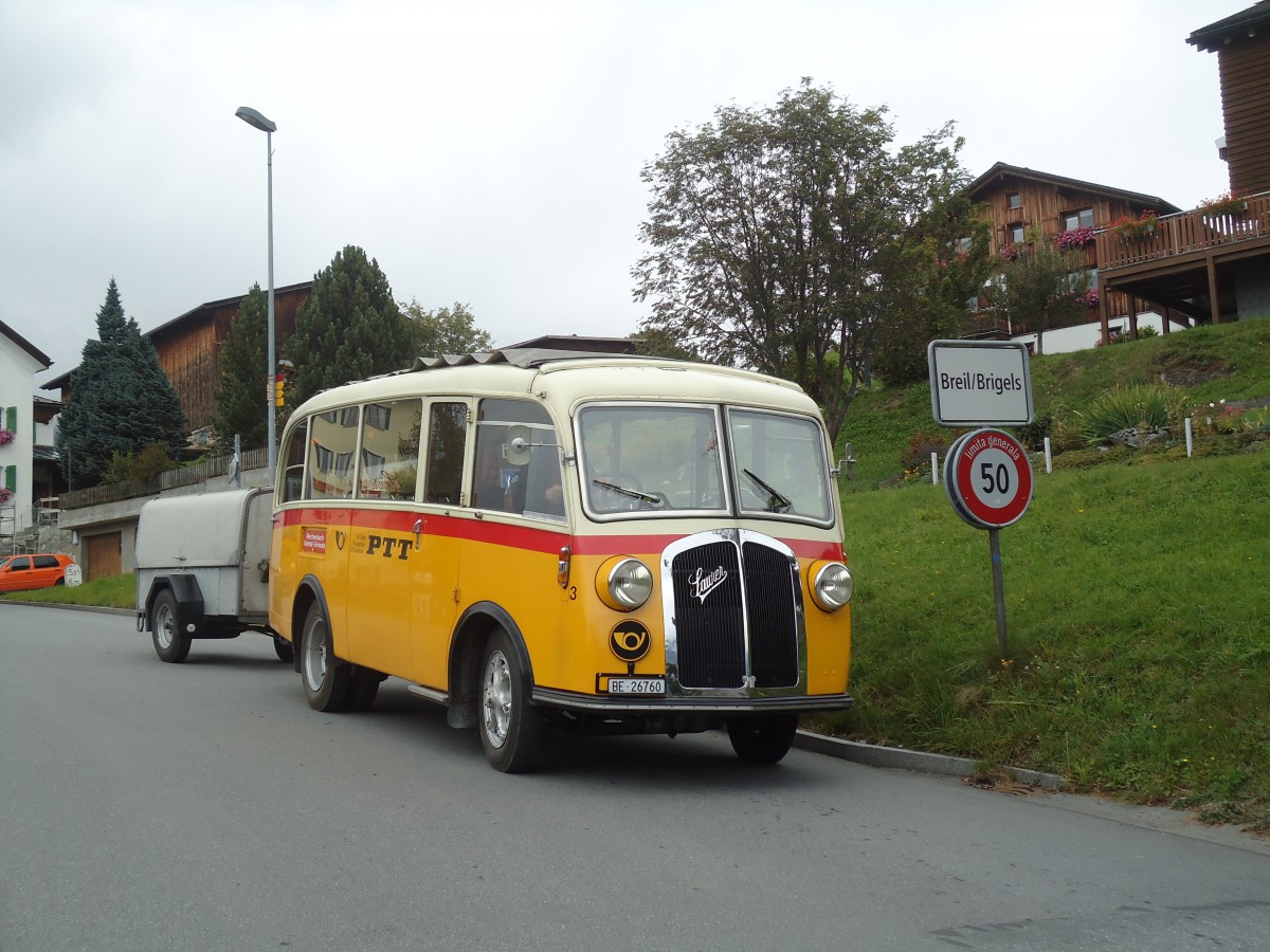 (130'051) - Schmid, Thrishaus - Nr. 3/BE 26'760 - Saurer/Gangloff (ex Geiger, Adelboden Nr. 3) am 18. September 2010 in Breil, Ortstafel