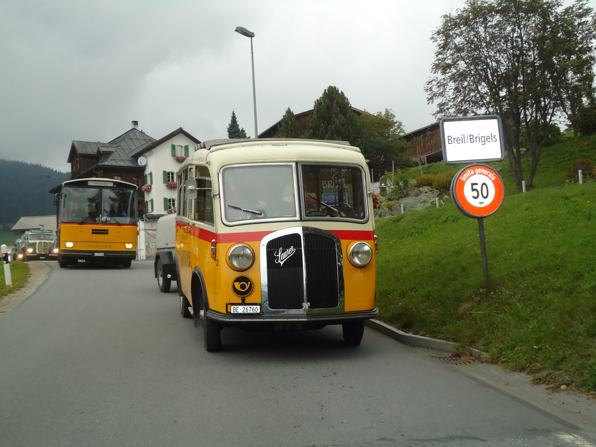 (130'052) - Schmid, Thrishaus - Nr. 3/BE 26'760 - Saurer/Gangloff (ex Geiger, Adelboden Nr. 3) am 18. September 2010 in Breil, Ortstafel