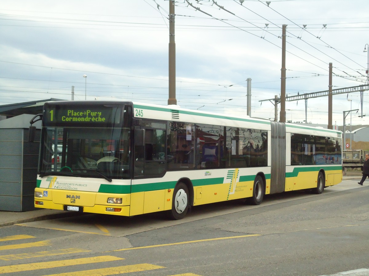 (130'261) - TN Neuchtel - Nr. 245/NE 114'245 - MAN am 4. Oktober 2010 beim Bahnhof Marin