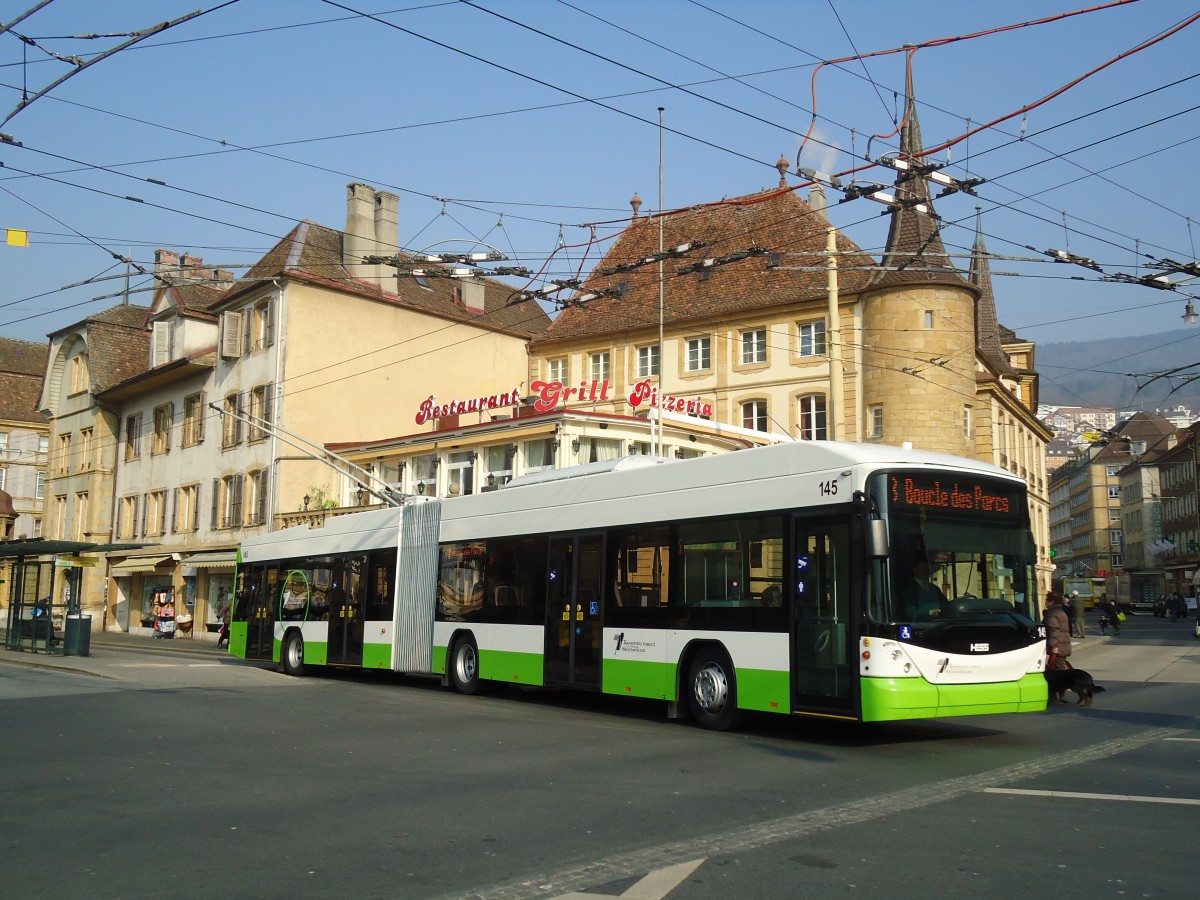 (132'753) - TN Neuchtel - Nr. 145 - Hess/Hess Gelenktrolleybus am 8. Mrz 2011 in Neuchtel, Place Pury