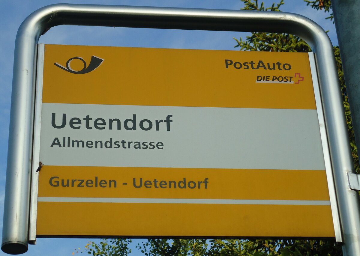 (134'180) - PostAuto-Haltestellenschild - Uetendorf, Allmendstrasse - am 12. Juni 2011