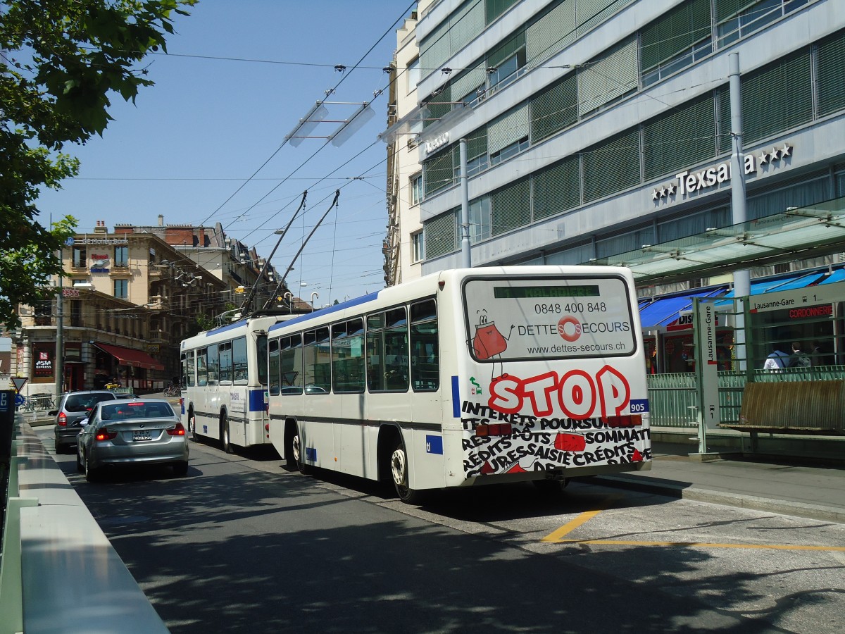 (135'105) - TL Lausanne - Nr. 905 - Lanz+Marti/Hess Personenanhnger am 12. Juli 2011 beim Bahnhof Lausanne